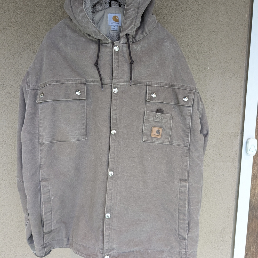 Carhartt Light Brown Hooded Jacket with Fleece Lining - Picture 2 of 3